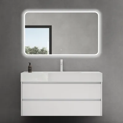 Immagine prodotto di doporro Mobile Bagno Sospeso Set Mobili con Lavabo Integrato e Specchio LED, Mobile Sottolavabo 120 cm Bianco Opaco, Include Lavandino Bianco in Marmoresina e 2 Cassetti Soft Close Seria Aqualis