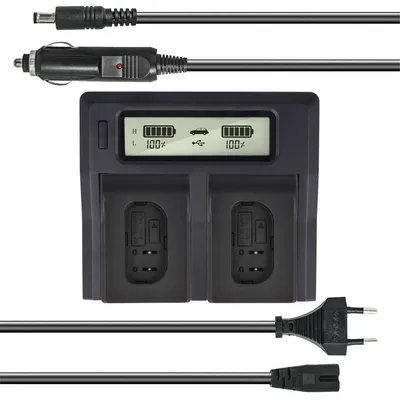 Produktbild von Dual Akku-Ladegerät kompatibel mit Panasonic DMW-BLJ31 - mit USB-Anschluss, LCD-Display und Kfz-Ladekabel - Schnellladegerät