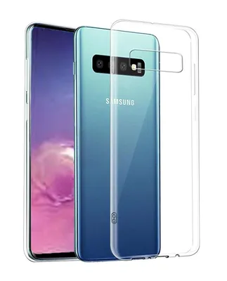 A clear product shot of a transparent phone case on a white background, with a Samsung phone inside the case.