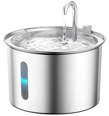 Zdjęcie produktu dla Fontanna dla kota, wykonana ze stali nierdzewnej, pojemność 2 litry, z oświetleniem LED i trzema filtrami, wyjątkowo cicha