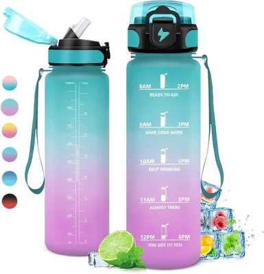 Produktbild von Famanu Trinkflasche 1 Liter mit Zeitmarkierung und Strohhalm - Leckfreie Sportflasche für Fitness, Reisen und Alltag