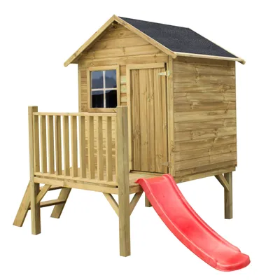 Produktbild von 4iQ Spielhaus TOMEK aus Holz für Kinder – Gartenhaus mit Rutsche, rot