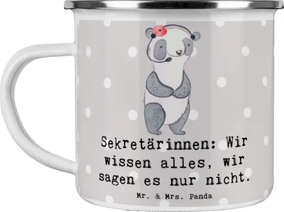 Produktbild von Mr. & Mrs. Panda Emaille Tasse Sekretärin Geheimnisträgerin - Grau Pastell - Geschenk, Berufspassion, Kaffeepott, Sekretärinnenwitz, Teamassistenz, Pott, Berufsprodukte