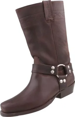 Auf dem Bild ist ein brauner Stiefel in einer seitlichen Perspektive zu sehen. Der Stiefel hat eine glatte Oberfläche und eine robuste Sohle.