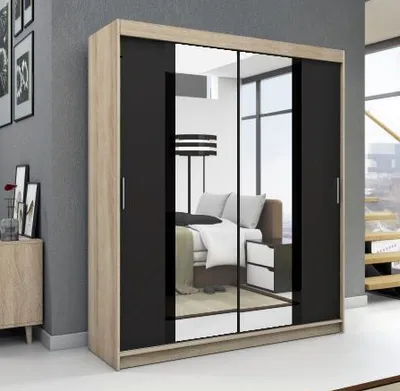 Produktbild von Schwebetürenschrank, 2-türig Schrank! Moderne Garderobe für Kleidung. Verschiedene Farben (Weiß, Schwarz, Somona) Kleiderschrank BRANI 180 cm