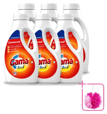 Produktbild von 6 x Gama 3-in-1 Waschmittel - Hautfreundlich - 1 l - Sparpackung - 6 Stücke