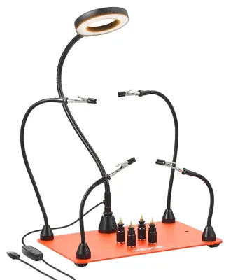Immagine prodotto di VEVOR saldatore di terza mano, stazione di saldatura magnetica, strumento di saldatura con 4 bracci flessibili, con lampada di ingrandimento a LED, 4 supporti per colonne PCB e base, per riparazioni, artigianato, hobby, fai da te