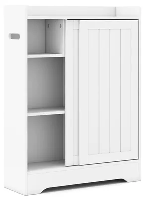 Produktbild von GOPLUS Badezimmerschrank schmal, Badschrank mit Toilettenpapierhalter, verstellbaren Regalen, Aufbewahrungsschrank mit 2 Schiebetüren für kleine Räume
