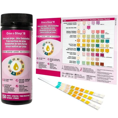 Produktbild von One+Step Urinteststreifen für 10 Indikatoren - Gesundheitstest inkl. Referenzfarbkarte - 150 Stück
