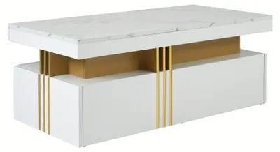 Obrázek produktu pro Konferenční stolek – 100x50x40 cm – Obdélníkový, s lesklým povrchem, mramorovou deskou a dvěma zásuvkami