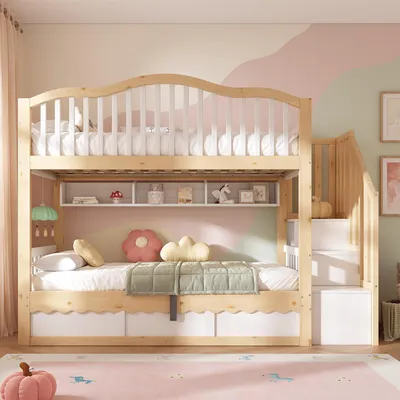 Productafbeelding van MODFU Kinderbed, stapelbed 90x200, hoogslaper met trap, veiligheidsreling en opbergruimte, modern kinderbed met opbergvakken, witte houtlook (zonder matras)