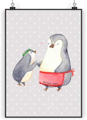 Produktbild von Mr. & Mrs. Panda Bild Pinguin mit Kind DIN A4 - Grau Pastell - Geschenk, Wandbild, Vorbild Mama, Mutter, drucke, Muttertag, Wanddekoration, kunstdruck poster, Plakat
