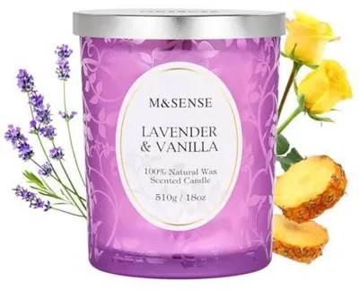 Immagine prodotto di Candela profumata grande, 510g, lavanda e vaniglia, in vetro, 100 ore di durata, stoppino in legno, cera di soia