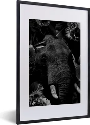 Produktbild von MuchoWow® Gerahmtes Poster Botanischer Elefant vor schwarzem Hintergrund - schwarz und weiß 40x60 cm - Poster mit Schwarzem Bilderrahmen Wandposter Rahmen Foto Bilder - Poster in Rahmen