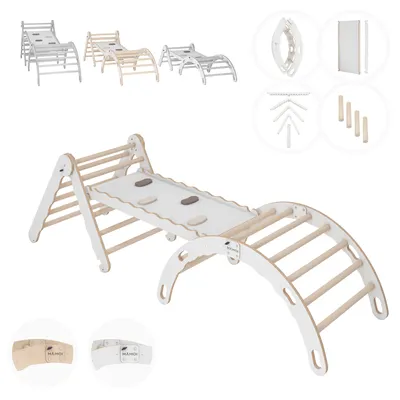 Produktbild von MAMOI® Set Klettergerüst indoor, Kletterdreieck mit rutsche aus holz, Kletterbogen, Baby kinder klettern, Regenbogenwippe mit Rutschbrett, Holzbogen