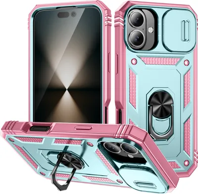 Produktbild von iPhone 17 Hülle, Schiebe Kamera Schutz Stoßfest Schutzhülle mit Ringhalterung Ständer für iPhone 17 Pink