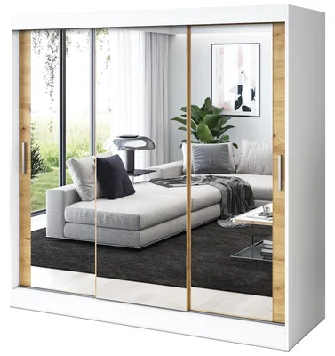 Zdjęcie produktu dla Szafa przesuwna Biały Mat/ Dąb Artisan - 200x200cm - Szafa przesuwna KARL - z 3 lustrami - do sypialni i garderoby