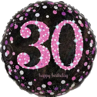 Zdjęcie produktu dla AMSCAN 3378501 Balon foliowy Happy Birthday 30 - Ø 43 cm, czarny/różowy, konfetti