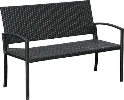 Image de Banc de jardin en polyrotin - Banc public 2 places - Structure en acier - Motif tressé - Style moderne - 122 x 60 x 87 cm - À monter soi-même - Noir