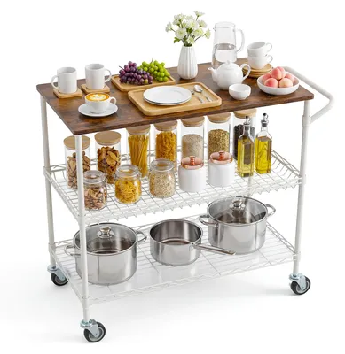 Immagine prodotto di Carrello da cucina - Carrello portavivande con 3 ripiani - Spazio di stoccaggio - Struttura in metallo robusta - Ruote - Bianco