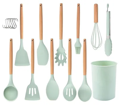 Produktbild von 12-teiliges Küchenhelfer-Set mit Silikon-Küchenutensilien und Holzgriffen