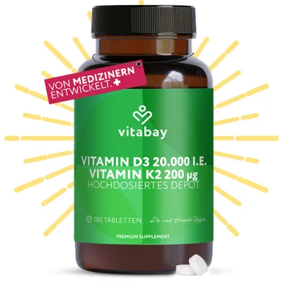 Produktbild von Vitabay Vitamin D3 + K2 Depot – 180 vegane Tabletten – 20.000 I.E. Vitamin D3 mit K2 MK7 All-Trans – ohne Zusatzstoffe – vegan
