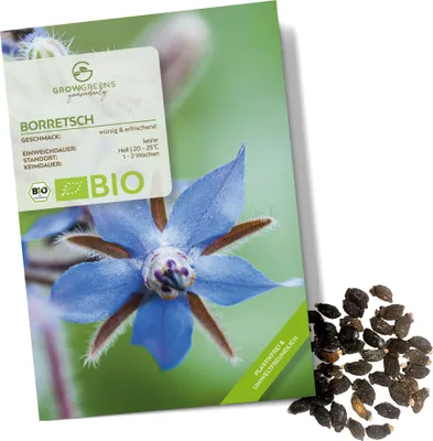 Produktbild von Borretsch Samen - Küchenkräuter Saatgut aus biologischem Anbau ideal für den heimischen Kräutergarten, Balkon & Garten (40 Korn)