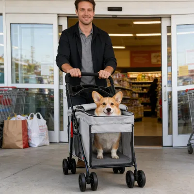 Produktbild von 2 in 1 Klappbar Hundewagen Hundebuggy Bis 20kg,Pet Stroller mit Netzfenstern 2 Türen,Hundetrolley Transportbox Hunde & Katze 95x75x49cm Grau