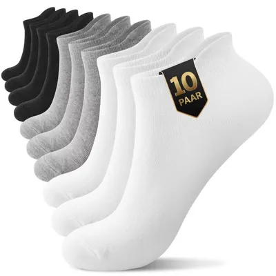 Productafbeelding van Sokken voor sneakers, 10 paar, biologische katoen, enkelsokken, uni, zwart, wit, grijs, maat 47-50