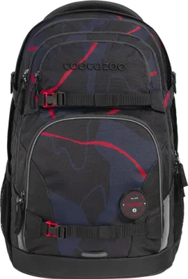 A black backpack with a blue and red abstract pattern.