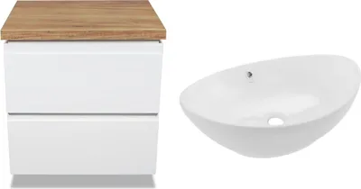 Produktbild von VBChome Badmöbel 60 cm Weiß Wendy Aufsatzwaschbecken ohne Hahnloch 59x38 cm Aufsatzwaschtisch mit Waschbeckenunterschrank 2 Schubladen Moduo Badezimmerschrank Modern