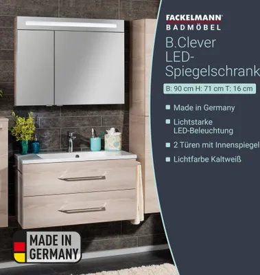 Produktbild von FACKELMANN Spiegelschrank B.CLEVER / zweitürig / Spiegelschrank mit gedämpften Scharnieren / Maße (B x H x T): ca. 90 x 71 x 16 cm / hochwertiger Spiegelschrank / Möbel fürs Bad / Korpus: Braun hell