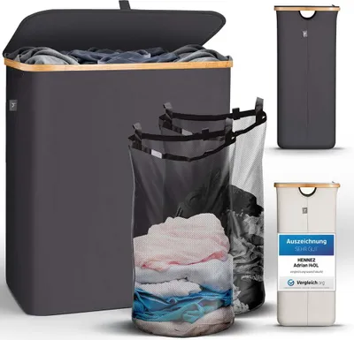 A collage of laundry baskets and laundry bags, with a close-up of laundry bags filled with clothes and a separate image of a laundry basket with a certification label.