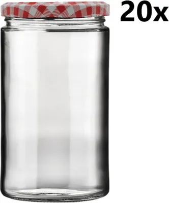 A clear glass jar with a red and white checkered lid.