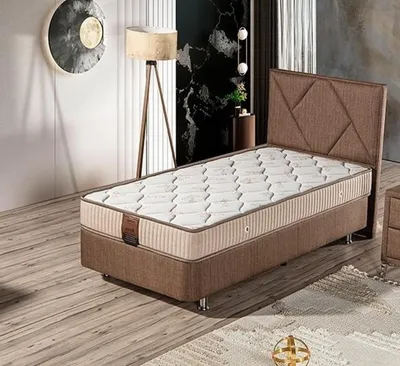 Produktbild von Elegantes braunes Bett mit Matratze aus Textil und Edelstahl