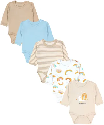 Image de Lot de 5 bodys à manches longues TupTam - 100 % coton, OEKO-Tex, couleur : beige et turquoise, taille : 92