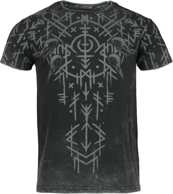 Produktbild von Black Premium by EMP Herren schwarzes washed Look T-Shirt mit Runen und Rabenschädeln XXL