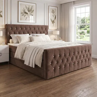 Produktbild von ELVORA DESIGNE Boxspringbett 180x200 cm GRACE mit 2 Bonellmatratzen H3 & Topper, 2 Bettkästen, Grau