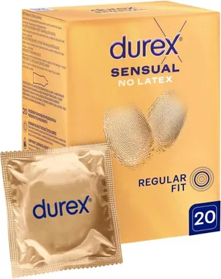 A box of Durex Sensual condoms and one individual condom packet.