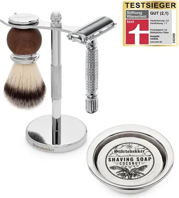 Produktbild von Störtebekker® Rasierständer Set - mit Rasierhobel, Rasierpinsel, Rasierschale und Rasierseife (Kokos) - Rasierset / Bartpflege Set -Geschenkidee