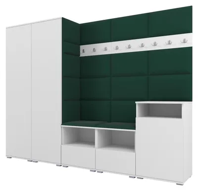 Produktbild von Garderobe NELA VIII 250 cm Modulare Flurmöbel Weiß mit Sitzpolster Flaschengrün 28 (2 Schränke + Sideboard)