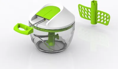 A product shot of a manual food chopper with its blade attachment shown separately.