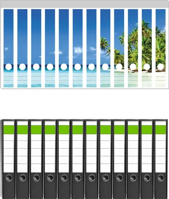 Produktbild von Wallario 12 Stück schmale Ordner inkl. Klebeetiketten mit Motive Blauer Himmel  weißer Strand  Palmen und das tiefblaue Meer -  Set mit Rückenschildern / Ordnerrücken Stickern