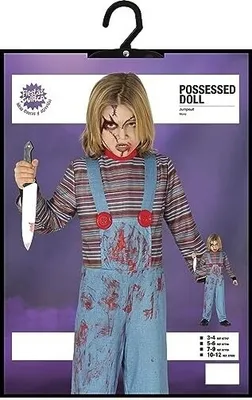 A child wearing a possessed doll costume, holding a knife, displayed on its packaging.