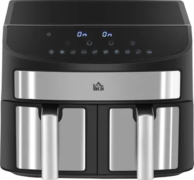 HOMCOM Heißluftfritteuse 8L Fritteuse mit Doppelkammer, Airfryer mit 10 Programmen, 2400 W Luftfritteuse mit Touchscreen, Rezeptur, ohne Öl, Schwarz
