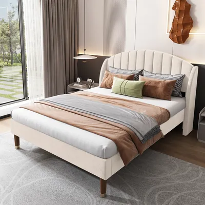 Produktbild von Polsterbett mit Kopfteil und Lattenrost, 140x200 cm, Doppelbett, gepolsterter Kopfteil mit seitlichen Ohren, Bezug aus Samt