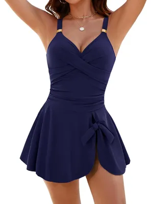 Produktbild von Badeanzug Damen, V-Ausschnitt - Einteilig - Rüschen - Push-up - Badeanzugkleid - Verstellbare Träger - Bauchweg-Effekt - Schwimmkleid