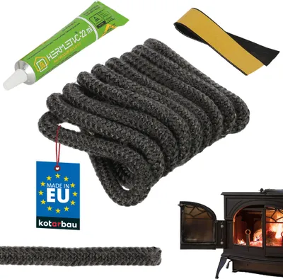 A collection of items for repairing a fireplace, including sealant, rope, and a stove.