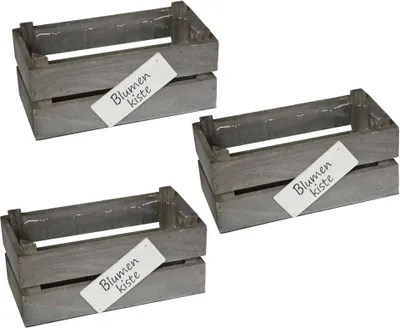 Produktbild von UNUS® Holzkiste 3er Set rechteckig mit Kunststoffeinsatz grau washed Blumenkiste