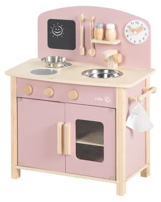 Produktbild von roba Spielküche aus Holz - Spielzeug Kinderküche mit Zubehör - 2 Kochstellen, Spüle, Wasserhahn - Natur / Rosa